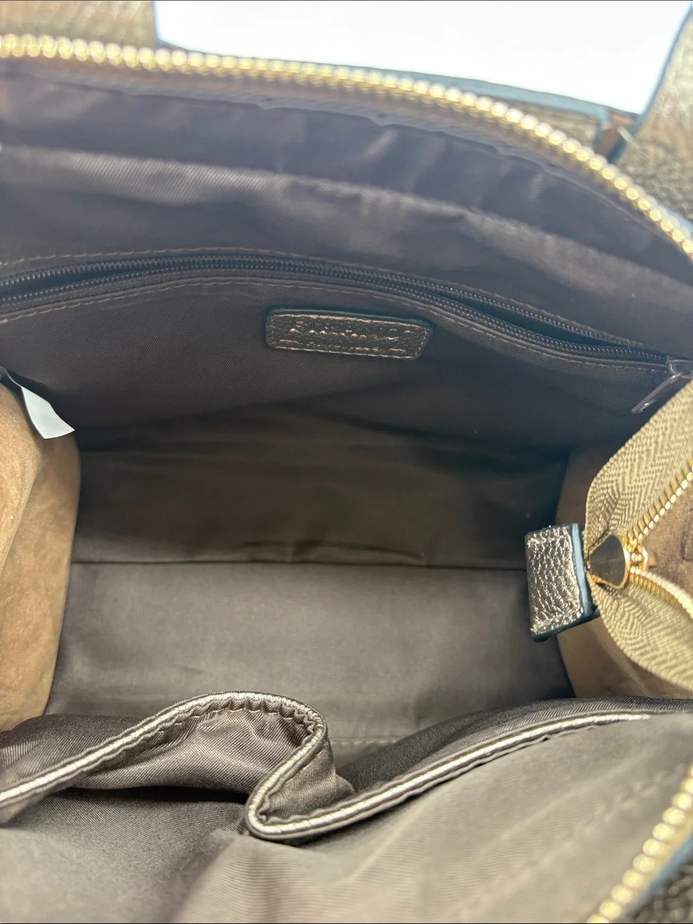 Firano Metallic Taupe Pebbled Leather Satchel with Tassel Accent no strap